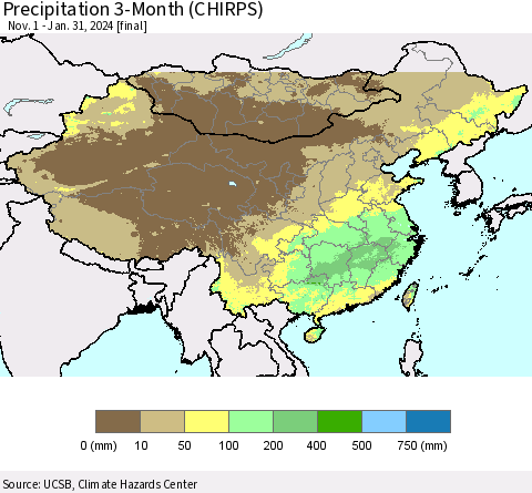 China, Mongolia and Taiwan Precipitation 3-Month (CHIRPS) Thematic Map For 11/1/2023 - 1/31/2024