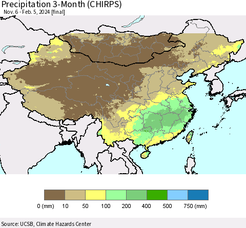 China, Mongolia and Taiwan Precipitation 3-Month (CHIRPS) Thematic Map For 11/6/2023 - 2/5/2024