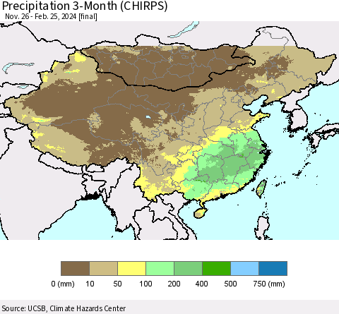 China, Mongolia and Taiwan Precipitation 3-Month (CHIRPS) Thematic Map For 11/26/2023 - 2/25/2024