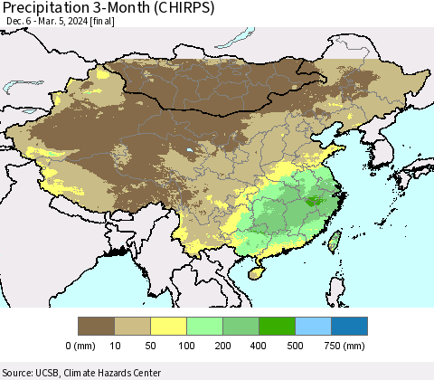 China, Mongolia and Taiwan Precipitation 3-Month (CHIRPS) Thematic Map For 12/6/2023 - 3/5/2024