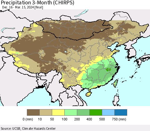 China, Mongolia and Taiwan Precipitation 3-Month (CHIRPS) Thematic Map For 12/16/2023 - 3/15/2024