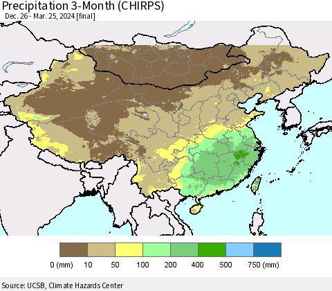 China, Mongolia and Taiwan Precipitation 3-Month (CHIRPS) Thematic Map For 12/26/2023 - 3/25/2024