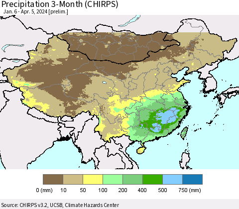 China, Mongolia and Taiwan Precipitation 3-Month (CHIRPS) Thematic Map For 1/6/2024 - 4/5/2024