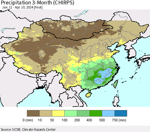 China, Mongolia and Taiwan Precipitation 3-Month (CHIRPS) Thematic Map For 1/11/2024 - 4/10/2024