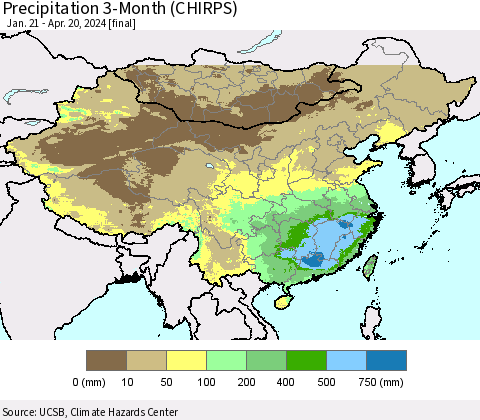 China, Mongolia and Taiwan Precipitation 3-Month (CHIRPS) Thematic Map For 1/21/2024 - 4/20/2024