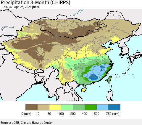 China, Mongolia and Taiwan Precipitation 3-Month (CHIRPS) Thematic Map For 1/26/2024 - 4/25/2024