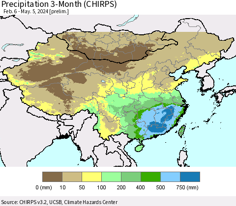 China, Mongolia and Taiwan Precipitation 3-Month (CHIRPS) Thematic Map For 2/6/2024 - 5/5/2024