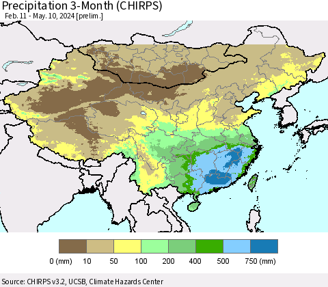 China, Mongolia and Taiwan Precipitation 3-Month (CHIRPS) Thematic Map For 2/11/2024 - 5/10/2024