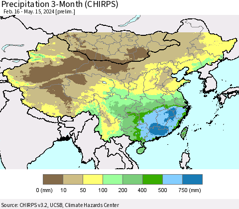 China, Mongolia and Taiwan Precipitation 3-Month (CHIRPS) Thematic Map For 2/16/2024 - 5/15/2024
