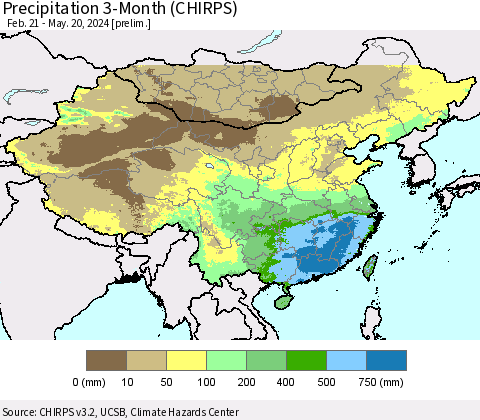China, Mongolia and Taiwan Precipitation 3-Month (CHIRPS) Thematic Map For 2/21/2024 - 5/20/2024