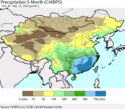 China, Mongolia and Taiwan Precipitation 3-Month (CHIRPS) Thematic Map For 2/26/2024 - 5/25/2024