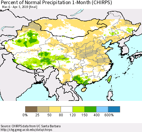 China and Taiwan Percent of Normal Precipitation 1-Month (CHIRPS) Thematic Map For 3/6/2019 - 4/5/2019