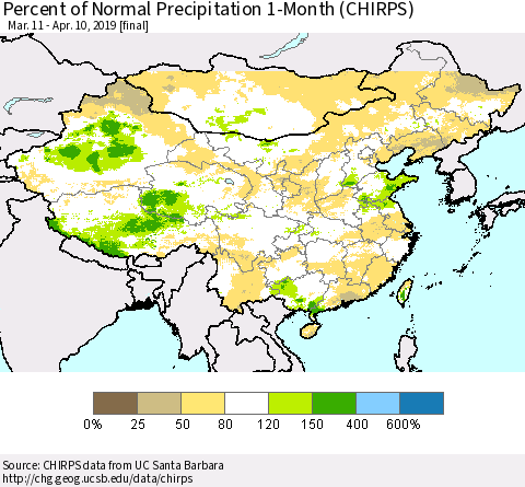 China and Taiwan Percent of Normal Precipitation 1-Month (CHIRPS) Thematic Map For 3/11/2019 - 4/10/2019