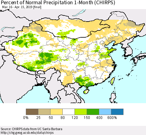 China, Mongolia and Taiwan Percent of Normal Precipitation 1-Month (CHIRPS) Thematic Map For 3/16/2019 - 4/15/2019