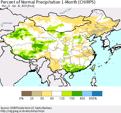 China, Mongolia and Taiwan Percent of Normal Precipitation 1-Month (CHIRPS) Thematic Map For 3/21/2019 - 4/20/2019