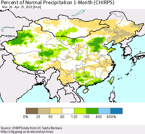 China, Mongolia and Taiwan Percent of Normal Precipitation 1-Month (CHIRPS) Thematic Map For 3/26/2019 - 4/25/2019