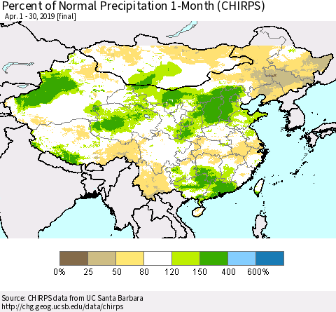 China and Taiwan Percent of Normal Precipitation 1-Month (CHIRPS) Thematic Map For 4/1/2019 - 4/30/2019