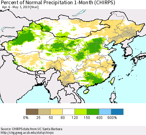 China and Taiwan Percent of Normal Precipitation 1-Month (CHIRPS) Thematic Map For 4/6/2019 - 5/5/2019