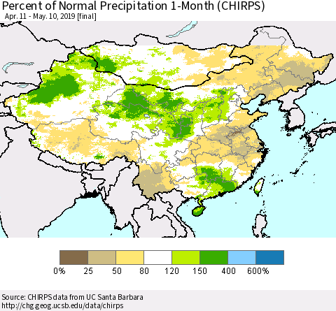 China and Taiwan Percent of Normal Precipitation 1-Month (CHIRPS) Thematic Map For 4/11/2019 - 5/10/2019
