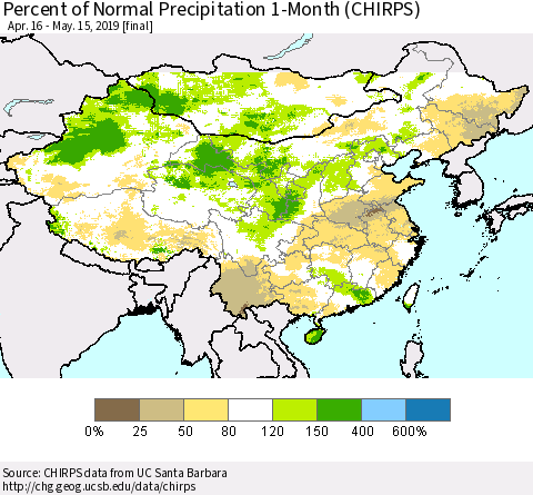 China and Taiwan Percent of Normal Precipitation 1-Month (CHIRPS) Thematic Map For 4/16/2019 - 5/15/2019