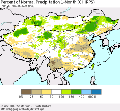 China and Taiwan Percent of Normal Precipitation 1-Month (CHIRPS) Thematic Map For 4/26/2019 - 5/25/2019