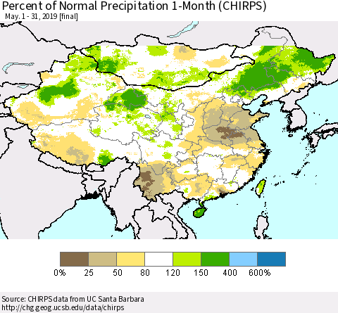 China, Mongolia and Taiwan Percent of Normal Precipitation 1-Month (CHIRPS) Thematic Map For 5/1/2019 - 5/31/2019
