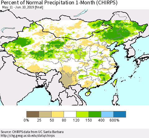 China and Taiwan Percent of Normal Precipitation 1-Month (CHIRPS) Thematic Map For 5/11/2019 - 6/10/2019