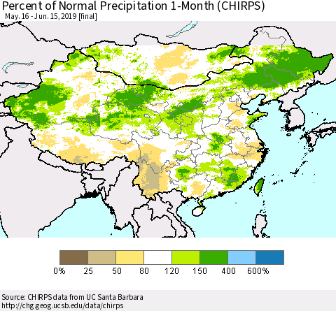 China and Taiwan Percent of Normal Precipitation 1-Month (CHIRPS) Thematic Map For 5/16/2019 - 6/15/2019