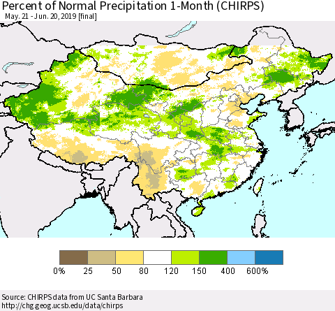 China and Taiwan Percent of Normal Precipitation 1-Month (CHIRPS) Thematic Map For 5/21/2019 - 6/20/2019