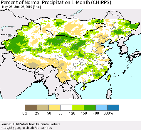 China and Taiwan Percent of Normal Precipitation 1-Month (CHIRPS) Thematic Map For 5/26/2019 - 6/25/2019