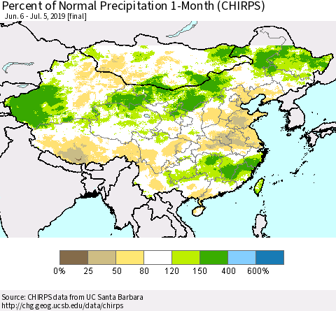 China and Taiwan Percent of Normal Precipitation 1-Month (CHIRPS) Thematic Map For 6/6/2019 - 7/5/2019
