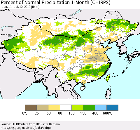 China and Taiwan Percent of Normal Precipitation 1-Month (CHIRPS) Thematic Map For 6/11/2019 - 7/10/2019