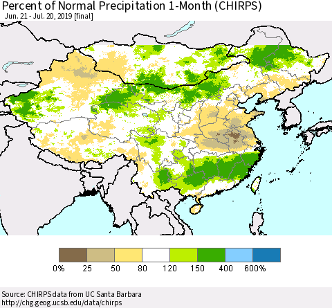 China and Taiwan Percent of Normal Precipitation 1-Month (CHIRPS) Thematic Map For 6/21/2019 - 7/20/2019