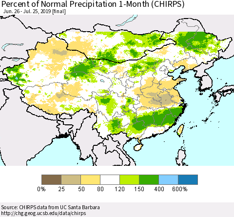 China and Taiwan Percent of Normal Precipitation 1-Month (CHIRPS) Thematic Map For 6/26/2019 - 7/25/2019