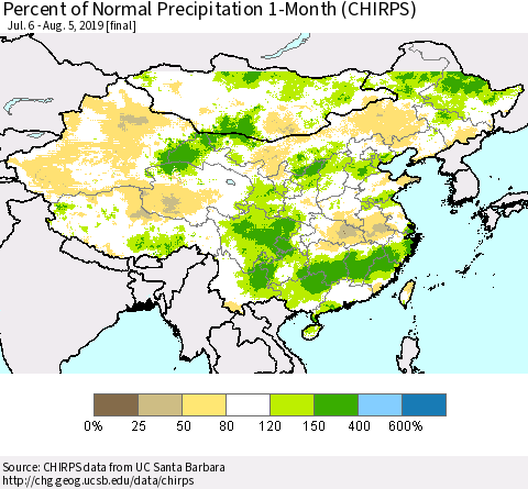 China and Taiwan Percent of Normal Precipitation 1-Month (CHIRPS) Thematic Map For 7/6/2019 - 8/5/2019