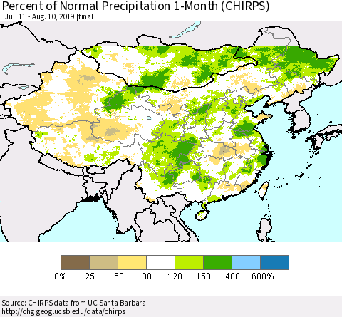 China and Taiwan Percent of Normal Precipitation 1-Month (CHIRPS) Thematic Map For 7/11/2019 - 8/10/2019