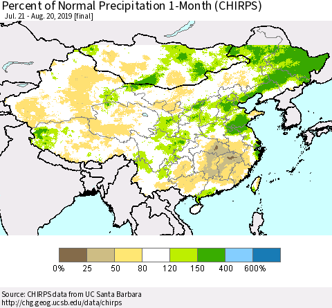 China and Taiwan Percent of Normal Precipitation 1-Month (CHIRPS) Thematic Map For 7/21/2019 - 8/20/2019