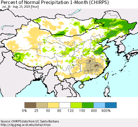 China and Taiwan Percent of Normal Precipitation 1-Month (CHIRPS) Thematic Map For 7/26/2019 - 8/25/2019