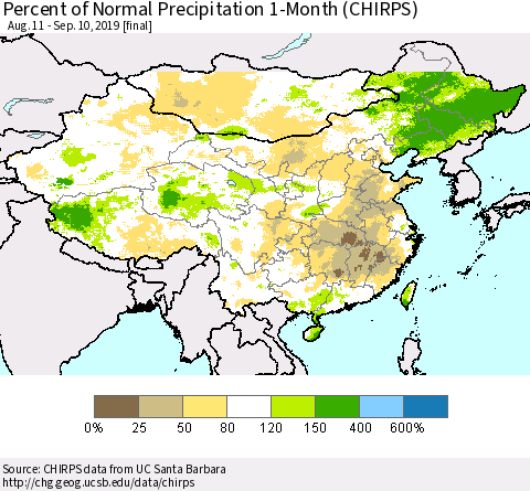 China and Taiwan Percent of Normal Precipitation 1-Month (CHIRPS) Thematic Map For 8/11/2019 - 9/10/2019