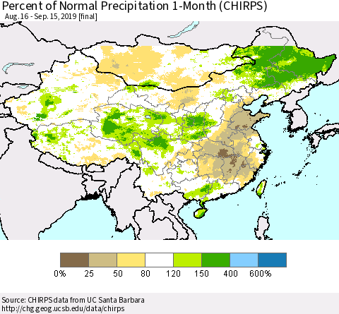 China, Mongolia and Taiwan Percent of Normal Precipitation 1-Month (CHIRPS) Thematic Map For 8/16/2019 - 9/15/2019