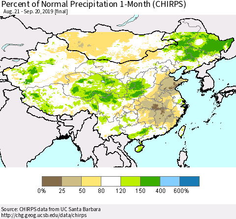 China and Taiwan Percent of Normal Precipitation 1-Month (CHIRPS) Thematic Map For 8/21/2019 - 9/20/2019