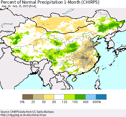 China and Taiwan Percent of Normal Precipitation 1-Month (CHIRPS) Thematic Map For 8/26/2019 - 9/25/2019