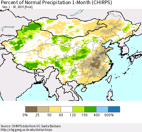 China and Taiwan Percent of Normal Precipitation 1-Month (CHIRPS) Thematic Map For 9/1/2019 - 9/30/2019