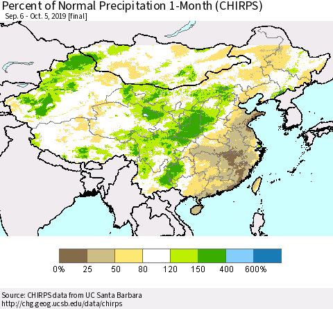 China and Taiwan Percent of Normal Precipitation 1-Month (CHIRPS) Thematic Map For 9/6/2019 - 10/5/2019