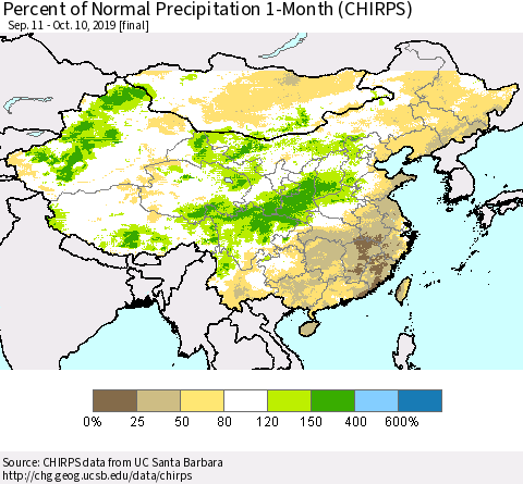 China and Taiwan Percent of Normal Precipitation 1-Month (CHIRPS) Thematic Map For 9/11/2019 - 10/10/2019