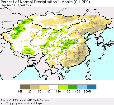 China and Taiwan Percent of Normal Precipitation 1-Month (CHIRPS) Thematic Map For 9/16/2019 - 10/15/2019