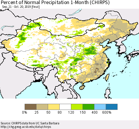 China, Mongolia and Taiwan Percent of Normal Precipitation 1-Month (CHIRPS) Thematic Map For 9/21/2019 - 10/20/2019