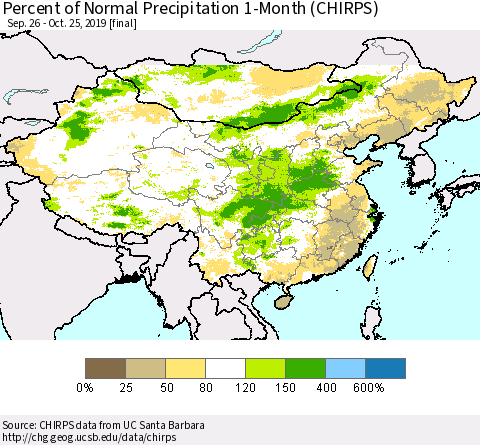 China, Mongolia and Taiwan Percent of Normal Precipitation 1-Month (CHIRPS) Thematic Map For 9/26/2019 - 10/25/2019