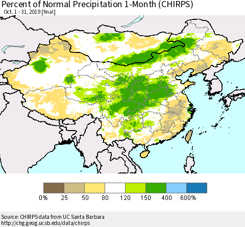 China and Taiwan Percent of Normal Precipitation 1-Month (CHIRPS) Thematic Map For 10/1/2019 - 10/31/2019