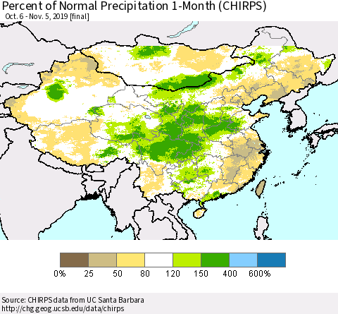 China, Mongolia and Taiwan Percent of Normal Precipitation 1-Month (CHIRPS) Thematic Map For 10/6/2019 - 11/5/2019